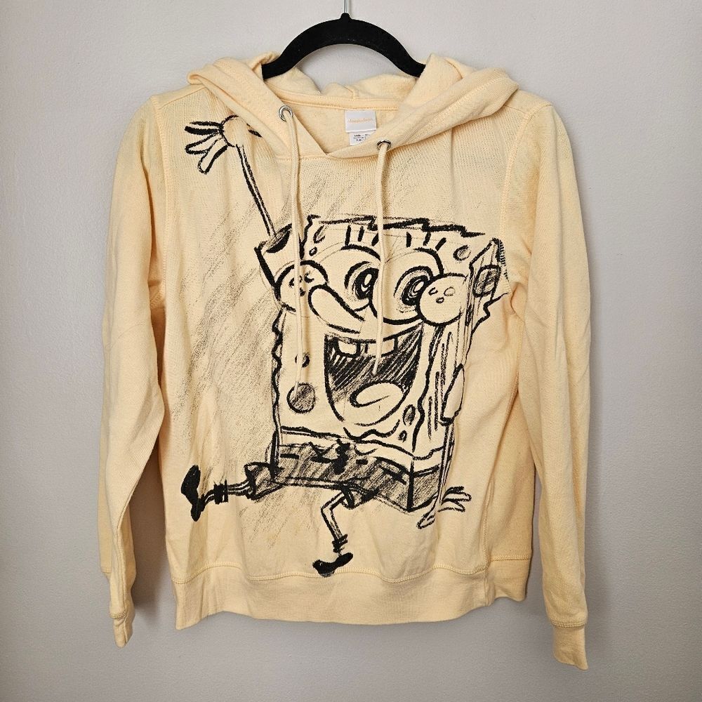 Nickelodeon Hooded Sweatshirt Spongebob Sketch Graphic Light Yellow Black Casual